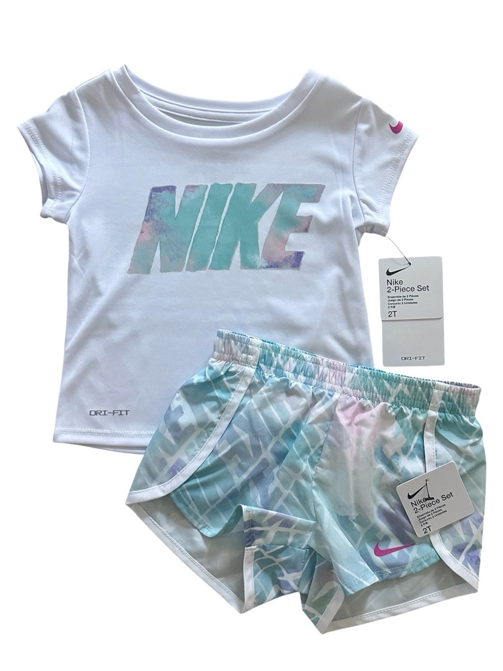 Nike Girls 2 Piece Set 2T NWT Dri-Fit T-Shirt & Shorts White Teal Pink Aqua
